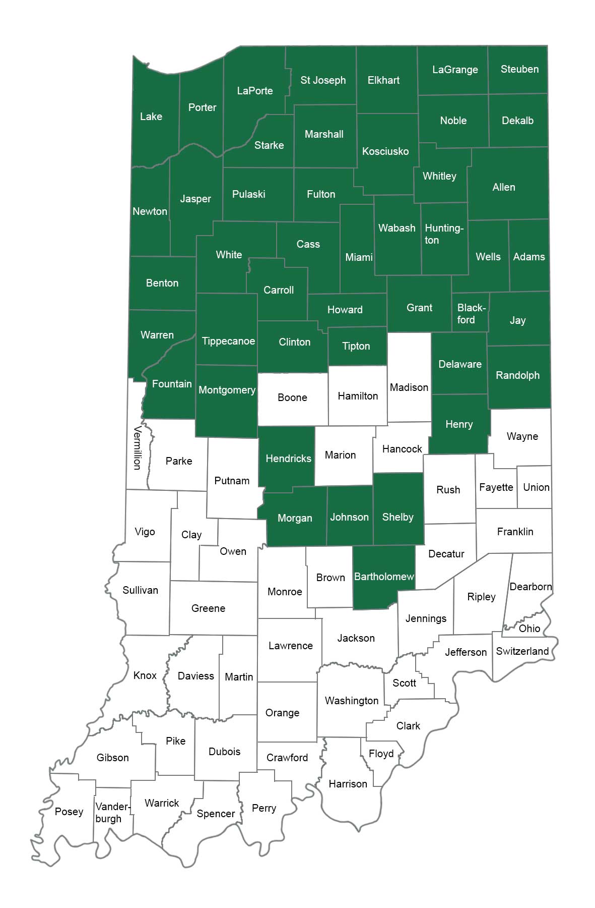 Images of Indiana with listed counties selected