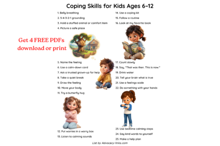 Coping Skills for Kids age 6 – 12 with PTSD. Free Lists to Download