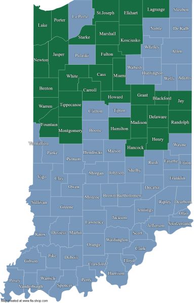 Images of Indiana with listed counties selected