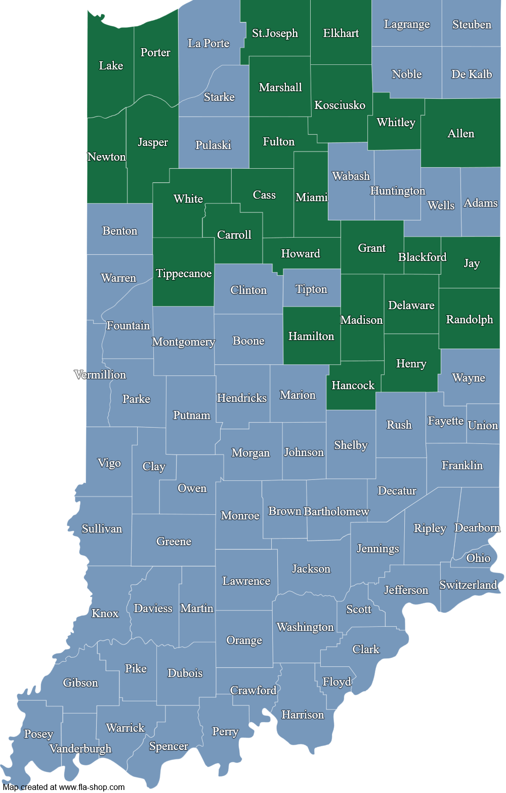 Images of Indiana with listed counties selected